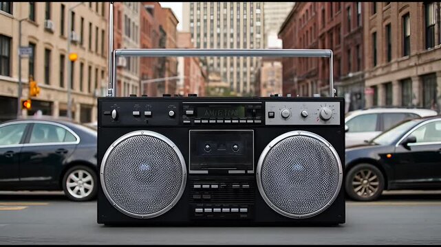 Vintage Retro Ghetto Blaster Boombox Portable Radio Cassette Player against Dynamic Changing Urban City Street Backgrounds in Vertical 4K High Definition Resolution Motion Visual for Social Media