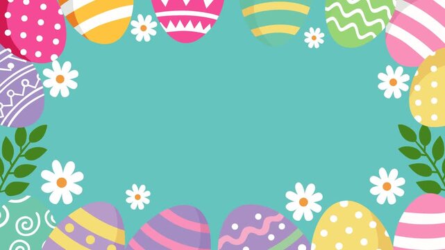 Festive Easter footage featuring a colorful egg border with floral elements and green leaves on a soft teal background. Perfect for holiday greetings, seasonal promotions, spring events