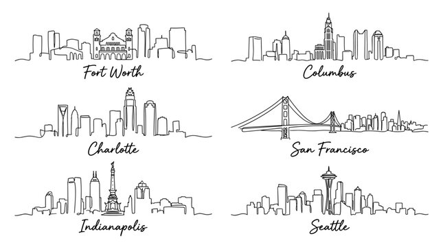 Collection of six American city skylines in minimalist continuous line art style vector