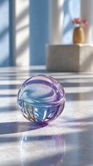 ガラス球、山、建築物、白いテーブル、反射のある紫青のグラデーション背景。