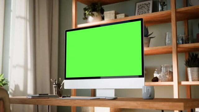 Computer Monitor Green Screen Mockup Angled Orbit Push In &ndash; Cinematic Camera Move in Scandinavian Home Office