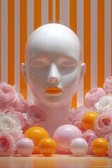 目を閉じ、オレンジ色の唇を持つ白い磁器のマネキンの頭の未来的な3D壁紙