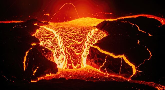 Molten Lava Flowing Across Volcanic Landscape.