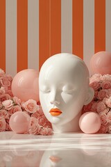 目を閉じ、オレンジ色の唇を持つ白い磁器のマネキンの頭の未来的な3D壁紙