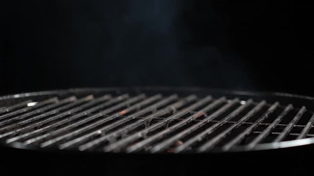 A close-up of a barbecue grill, smoke rising against a black backdrop