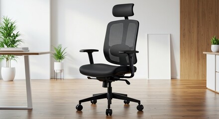 Modern ergonomic office chair with adjustable headrest in minimalist workspace with wooden floor and plants