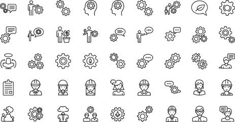 Obraz premium Business Process and Communication Outline Icons Collection with Gears Teamwork and Strategy Symbols Flat Vector Illustration Set