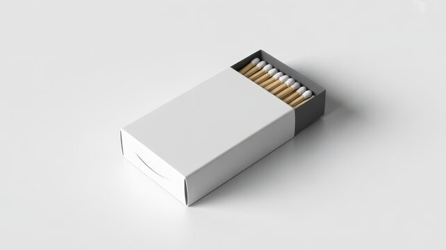 Blank white matchbox mockup partially open with wooden matches on light background