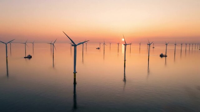 Sustainable energy demand wind turbine offshore sunrise sea horizon farm reflection calm orange peaceful supporting with service vessels creating