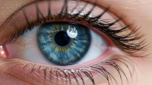 Close-up of a blue human eye highlighting intricate details.