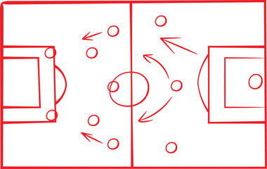 Simplified red outline drawing of a soccer football field diagram illustrating tactical plays and player movements during a match.