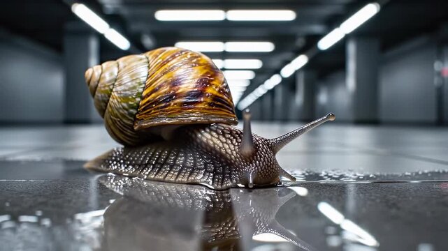 Giant snail moves slowly across wet floor in modern urban space. Close-up footage highlights unique shell and texture. Calm atmosphere showcases nature in unexpected places.