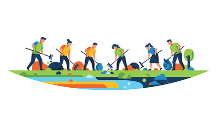 Fototapeta premium Six individuals in colorful attire are actively raking and collecting trash into bags along a vibrant layered landscape with a river, Generative AI.