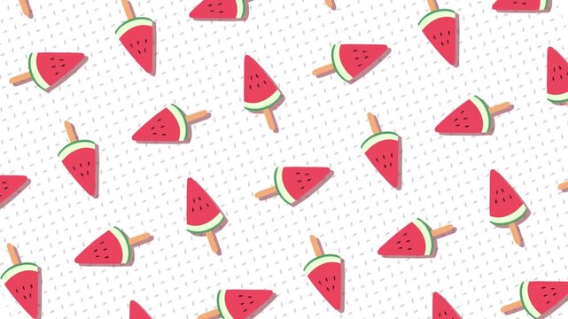Repeating pattern of watermelon popsicles with shadow detail and seed accent on white background