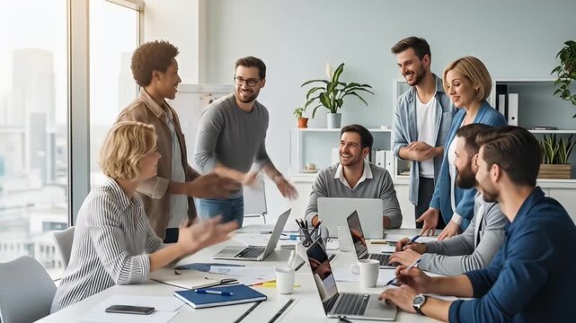 Diverse group of office workers collaborate at a modern conference table with laptops