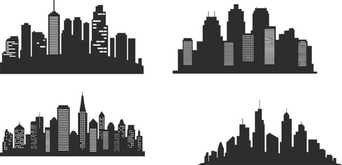 Obraz premium Black silhouette vector illustrations of urban city skylines with high-rise buildings, antennas, and architectural details for design and education.