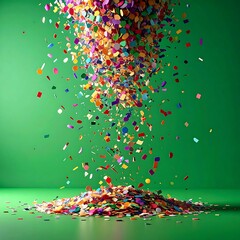 Vibrant confetti pouring down against a green background
