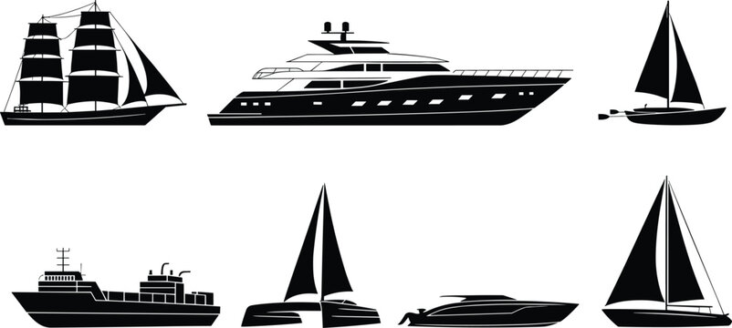 Boat and yacht silhouette set sailboat cruise ship cargo vessel motorboat vector illustration isolated on white background