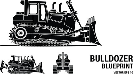 Obraz premium Bulldozer blueprint vector illustration with detailed construction machinery side and front views isolated on white background heavy equipment engineering design