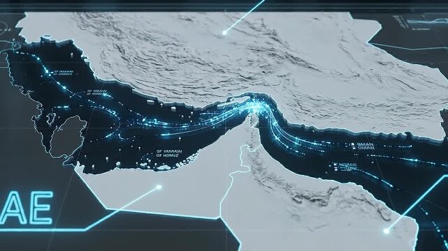Strait of Hormuz Animation digital map visualizing, Hormuz connect international shipping routes