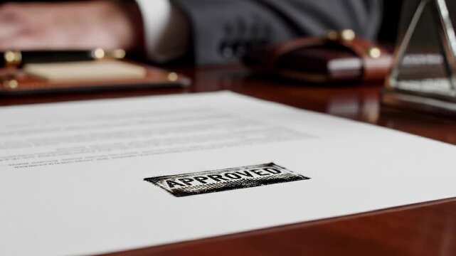 Close-up of a hand applying a red seal stamp onto a document on a polished desk surface, conveying an atmosphere of business formality and