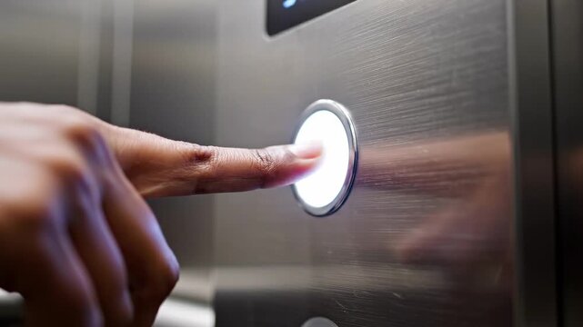 A close-up of a hand pressing an elevator button in a modern metallic setting