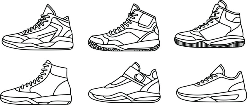 Six black and white sneakers with different and laces in a row shoes athletic sports