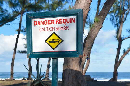 Panneau avertissant de la pr&eacute;sence de requins sur l'Ile de la R&eacute;union