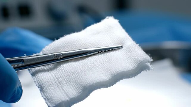 Close-up of surgical forceps gripping sterile gauze in a clinical setting with soft, blurred background