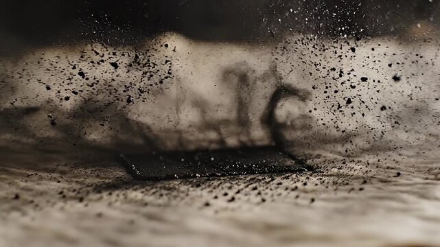 Close-up of a stamp dispersing black ink in a cloud of particles on textured paper, creating an artistic effect