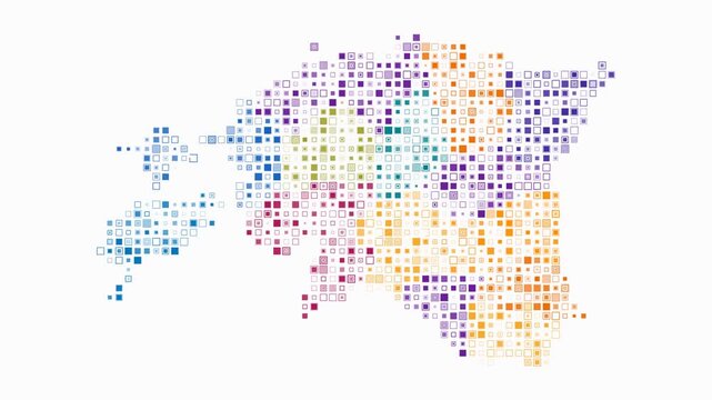 Estonia map animation. Shape of the country with pulsating colored dots. Small size square blocks. Digital style Estonia map on white background. Artistic video.