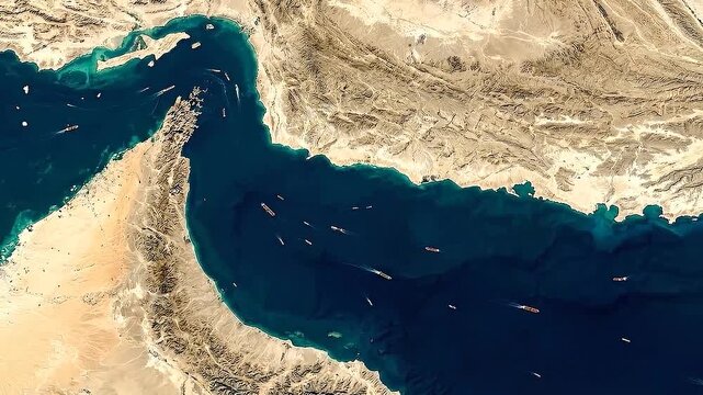 Strait of Hormuz cargo ships transit waterway for global trade, Hormuz connect at Middle East. Iran, UAE, Oman strategic area