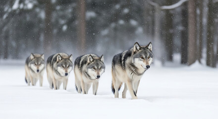 Naklejka premium Winter Forest Snowfall with Wolf Pack Moving Through Trees Wildlife Family