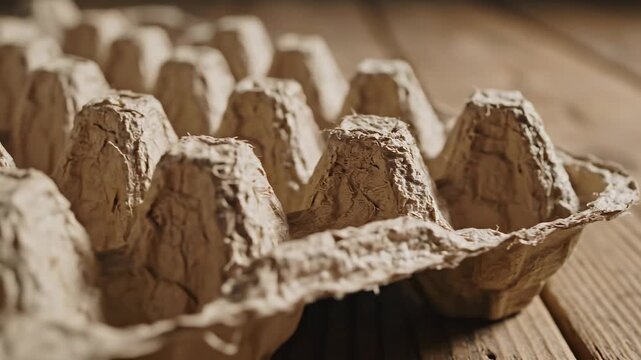 Close-up view of an egg carton made of recycled materials resting on a wooden surface, highlighting texture and detail