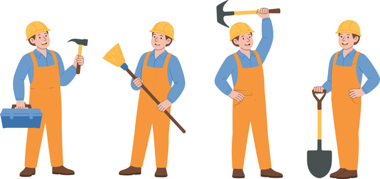 Cartoon-style illustration set of four construction workers in hard hats, orange overalls, holding hammer, broom, pickaxe, shovel, toolbox vector design