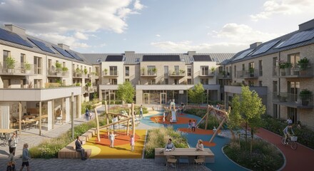 Fototapeta premium Modern Residential Complex with Playground and Green Spaces.