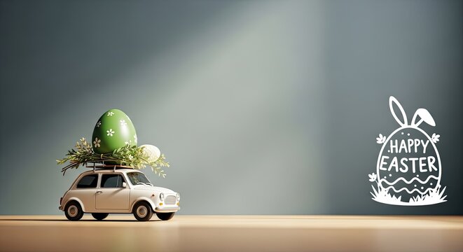 Easter celebration scene with car and bunny decoration