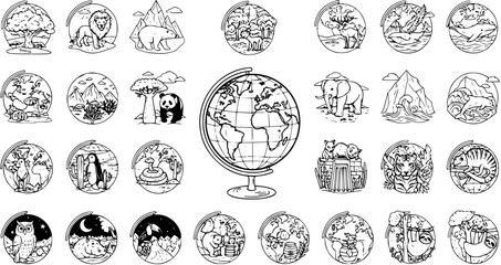 Globe with Diverse Animal and Nature Illustrations, Representing World Biomes and Wildlife. Black and White Line Art Vector Collection for Environmental Themes and Education. © pixsource
