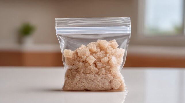Raw Brown Sugar Crystals in Clear Zip Bag Highlighting their Natural Texture Against a Bright Kitchen Background