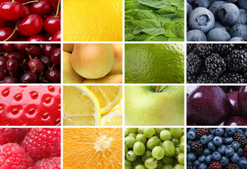 Fruits and berries combined into colorful collage, closeup view