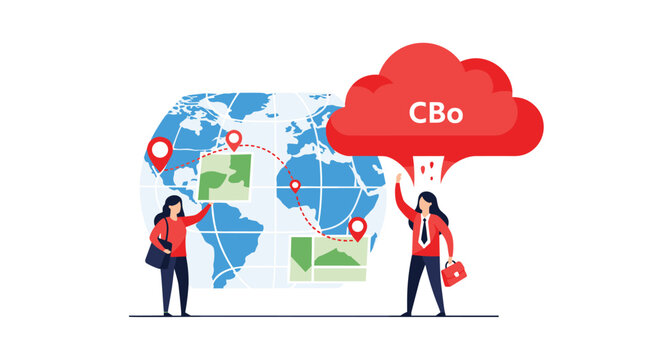 Two female figures stand on a white background beside a blue world map with red location pins and a red CBo cloud overhead, Generative AI.
