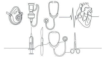 Vector illustration of medical equipment and cardiology symbols, a collection of essential healthcare tools and life-monitoring elements