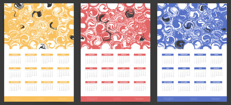 Abstract art Calendar 2027 posters. Calendar templates with vibrant swirl patterns in yellow, coral and blue, annual layouts for wall decor and desk display.