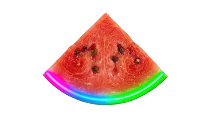Slice of watermelon with colorful neon border isolated on white transparent background