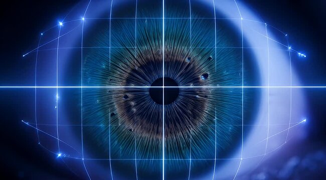 Technological eye scan with a blue grid and digital lines overlayed on iris