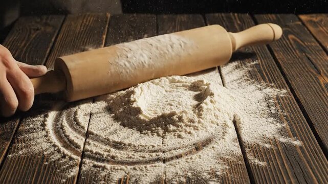 Flour falls onto a wooden surface next to a rolling pin, creating a baking scene