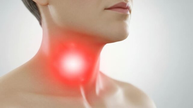 Human anatomy showing neck and throat region, experiencing painful inflammation, highlighting enlarged lymph nodes, glandular swelling, medical condition, health concern, symptomatic discomfort