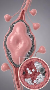 Enlarged lymph nodes, depicting a serious medical condition, showing cellular changes within the lymphatic system, a detailed scientific visualization illustrating disease progression