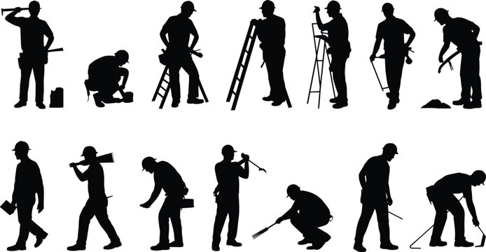 Construction worker silhouettes collection with builders using hammer ladder rake and tools isolated on white background black vector illustration set