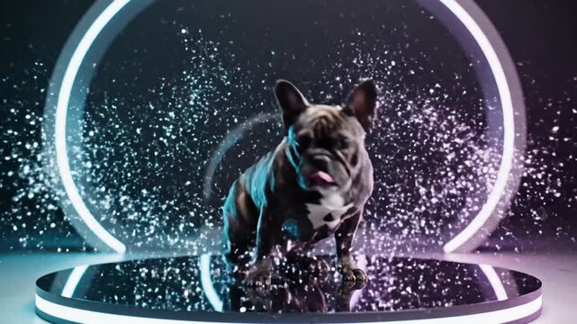 A brindle-coated dog is set against a neon backdrop of a ring and sparkling lights